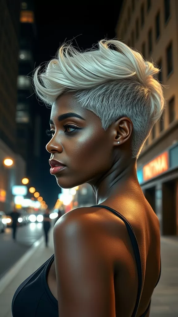 A woman with a stylish pixie cut, showcasing a modern look with blonde hair.