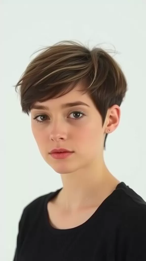 A woman with a stylish pixie cut, featuring short hair on the sides and back, and slightly longer strands on top.
