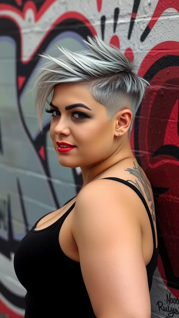 A woman with a pixie cut and undercut design, featuring silver hair and a geometric shaved pattern on the side.