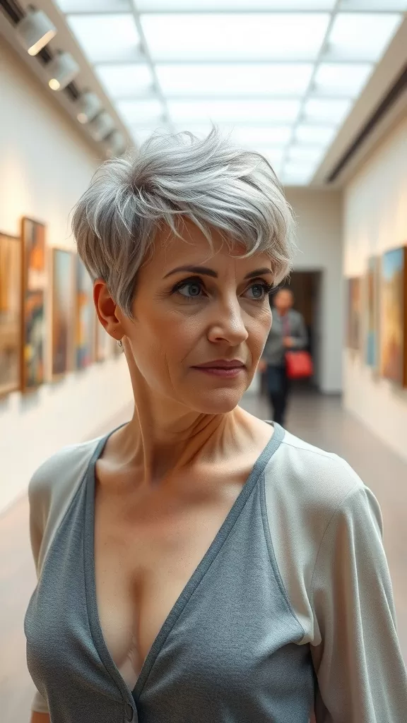 A woman with a stylish pixie cut with volume on top, looking confident in an art gallery.