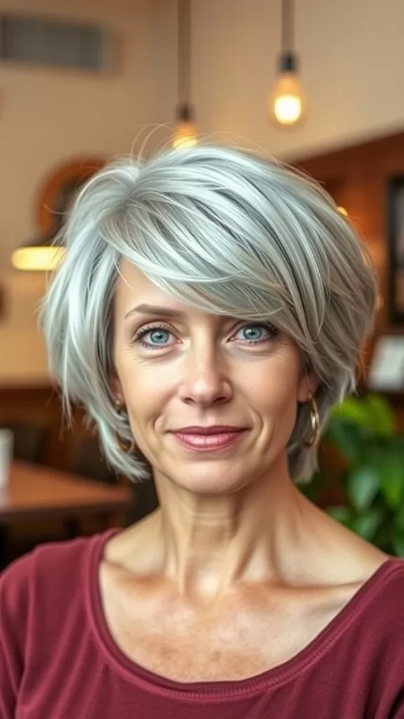 A woman with a pixie layered bob hairstyle, showcasing soft layers and a stylish appearance.