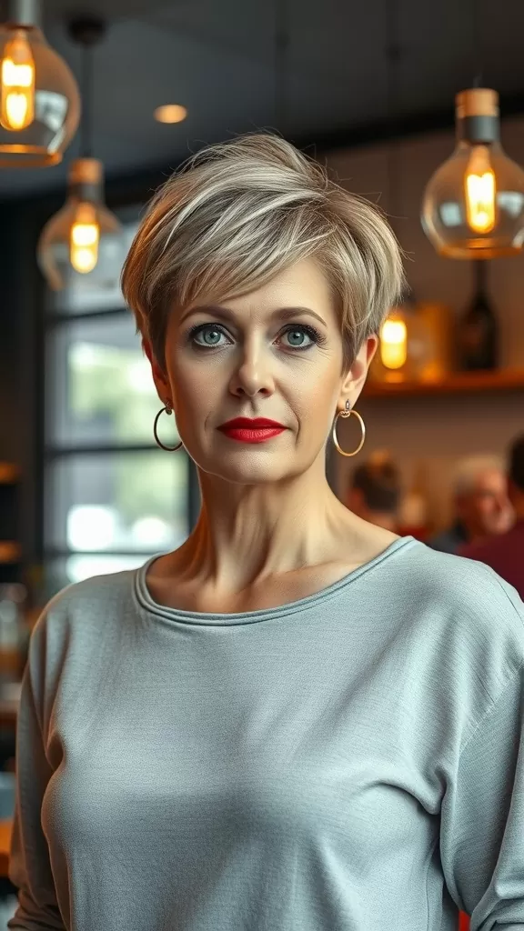 A woman with a stylish pixie haircut featuring an undercut and highlights, looking confidently at the camera.