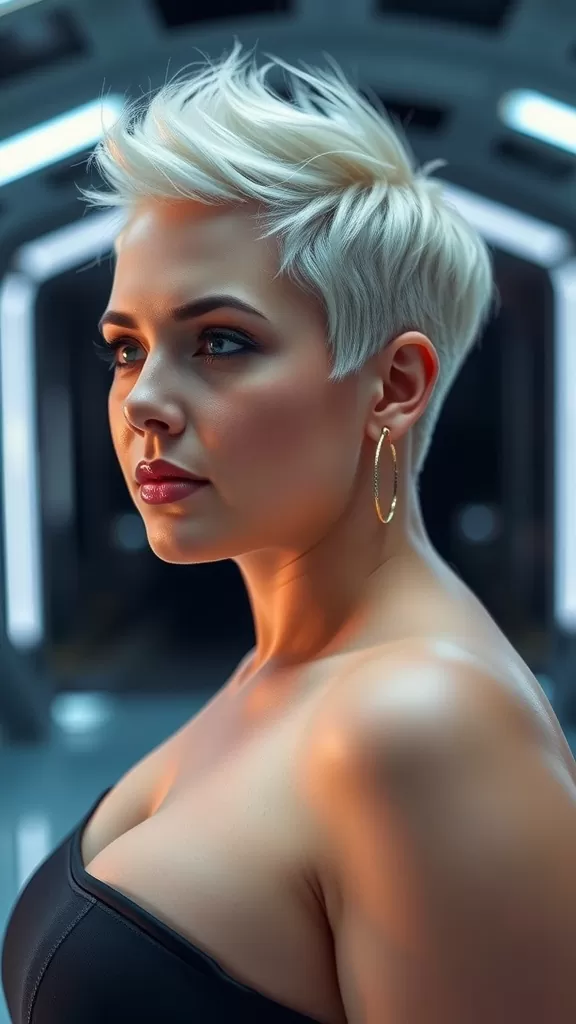 A close-up of a woman with a platinum blonde pixie haircut, showcasing a stylish and modern look.