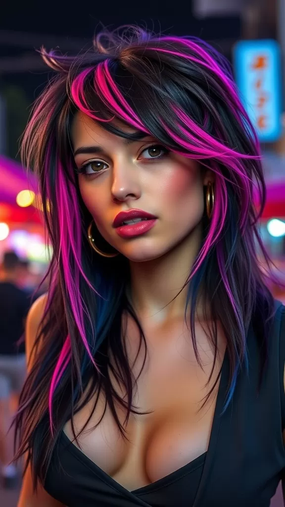 Woman with a playful shag haircut featuring vivid pink and blue streaks.