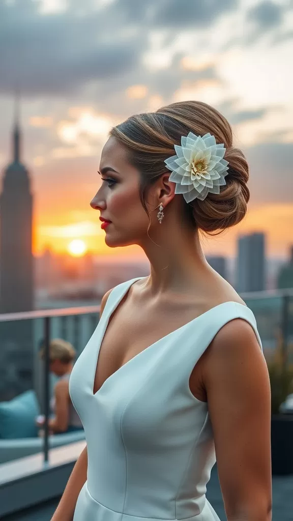 Bride with polished high bun hairstyle and statement floral clip, overlooking a sunset