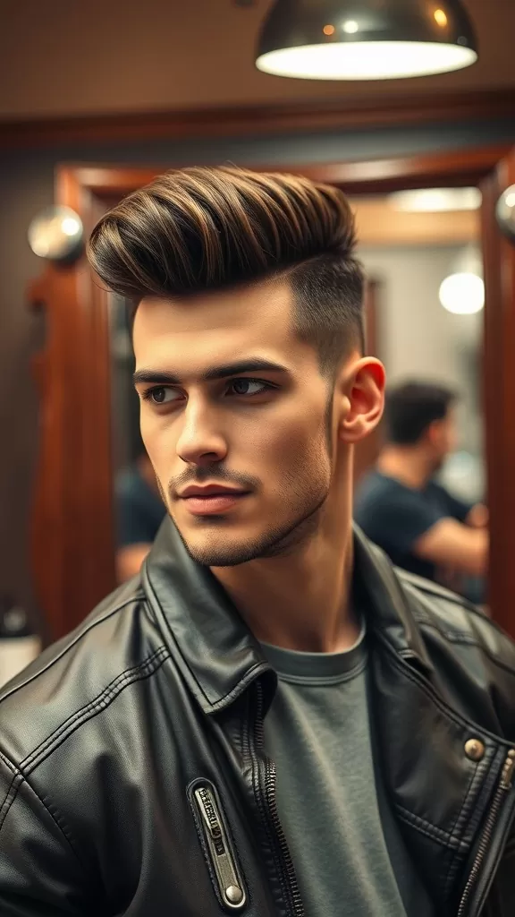 A man with a stylish pompadour hairstyle, featuring voluminous hair on top and short sides, wearing a leather jacket.