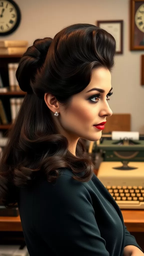 A woman with long hair styled in a pompadour roll, showcasing elegance and vintage charm.