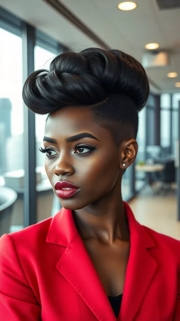A woman with a stylish pompadour updo, wearing a red blazer.