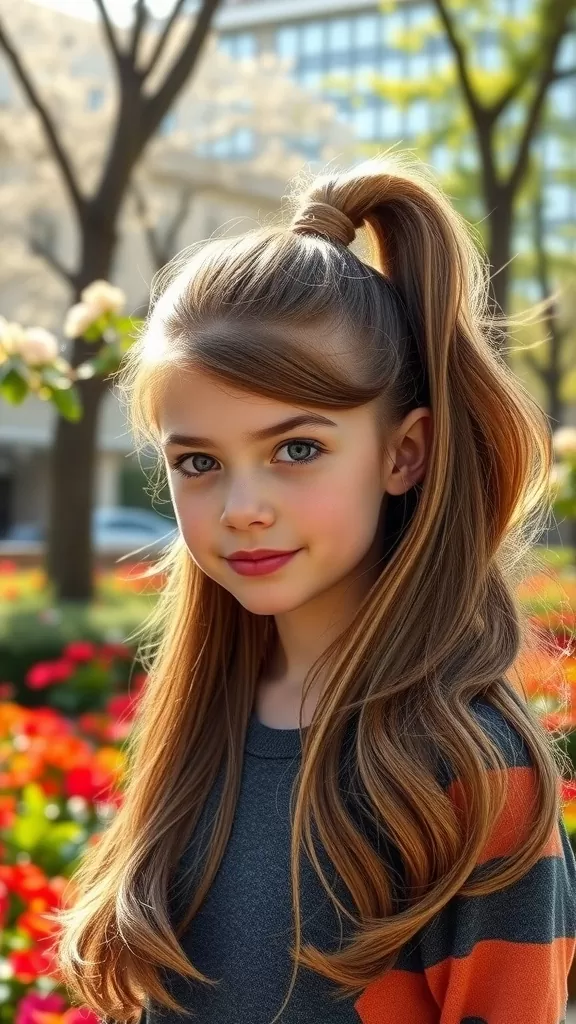 A girl with a high ponytail and wavy ends, smiling in a flower garden