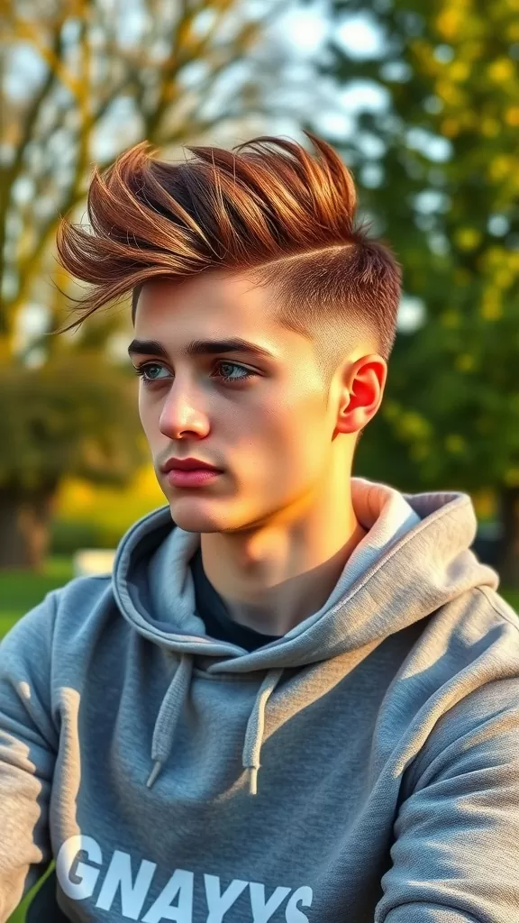A young man with a stylish quiff hairstyle, wearing a gray hoodie, in a park setting.