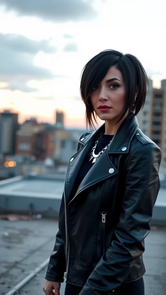 A woman with razor-cut shag hairstyle wearing a leather jacket, standing against a city skyline.