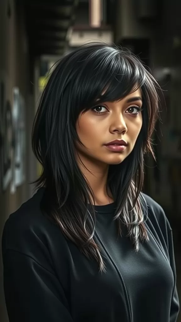 A woman with long shaggy hair styled in edgy layers, wearing a black top, looking confidently at the camera.