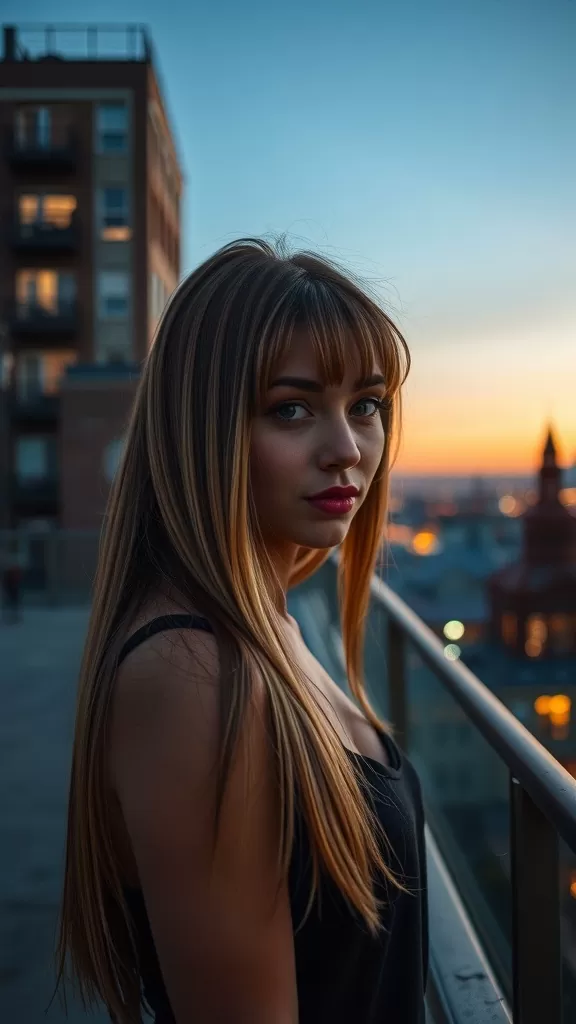 A woman with long straight hair and razor-cut ends, standing against a sunset backdrop.