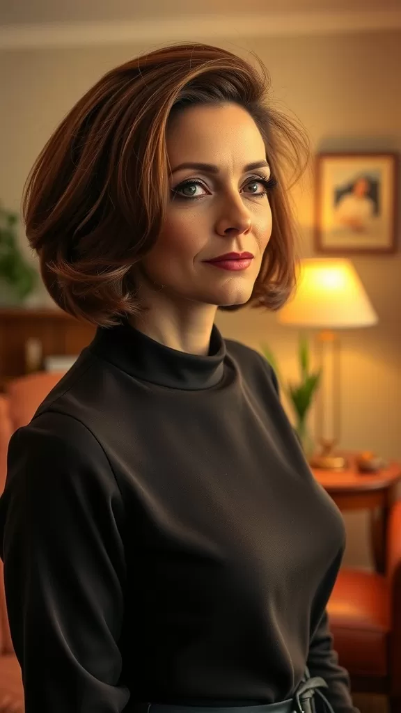 A woman with a stylish retro layered bob haircut, posing confidently with a warm background.