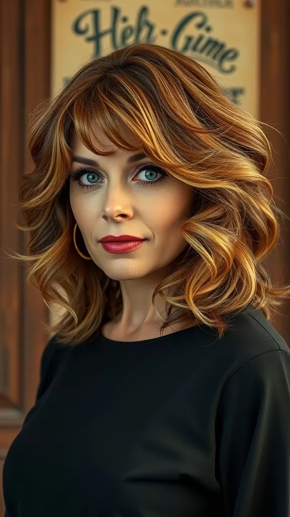 A woman with a retro shag haircut featuring feathered layers, warm hair tones, and a casual look.