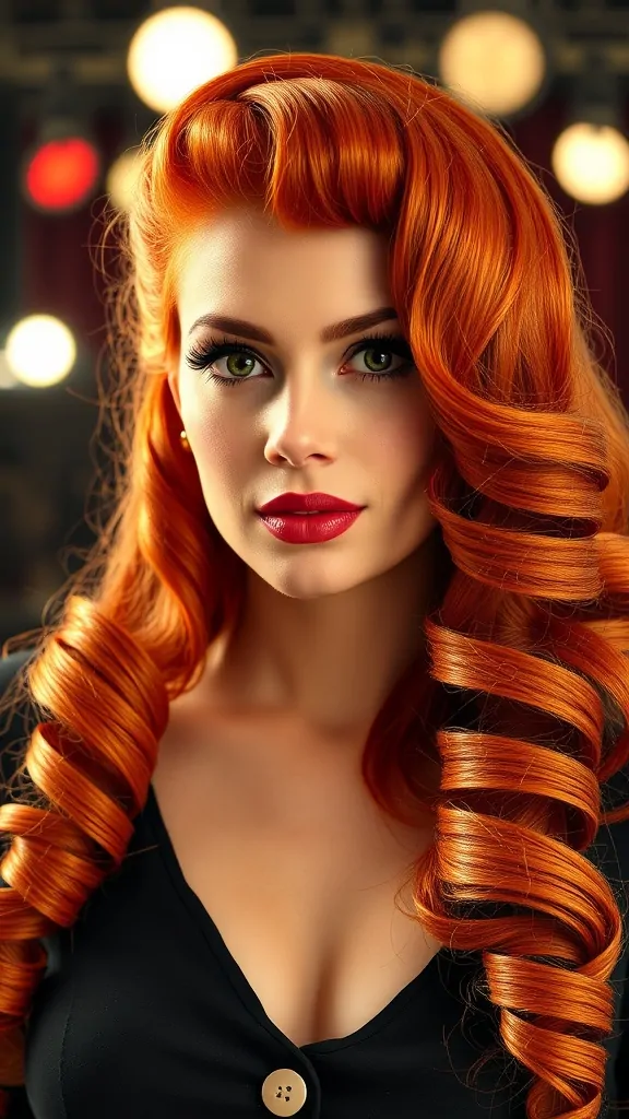 A woman with vibrant red retro spiral curls, showcasing a vintage hairstyle.