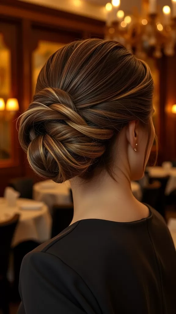 A woman showing a rolled French twist hairstyle in a chic setting.