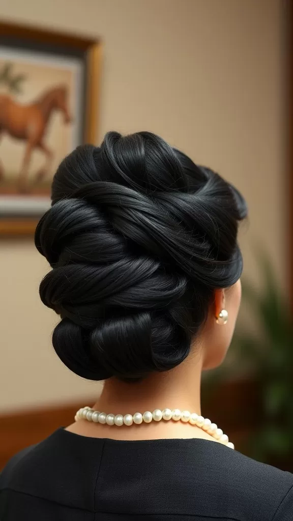 A stylish rolled updo hairstyle for long hair, showcasing smooth, shiny twists and pearl accessories.