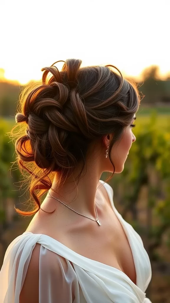 A woman with a romantic messy bun hairstyle featuring face-framing curls, wearing a white dress in a vineyard at sunset.