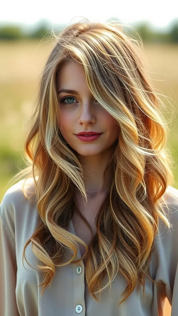 A woman with long wavy hair styled in a romantic shag haircut, featuring soft layers and vibrant colors.