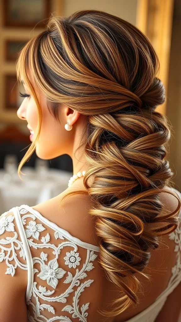 A romantic twisted bun hairstyle with golden highlights, styled elegantly for a wedding, featuring intricate twists and a soft, polished look.