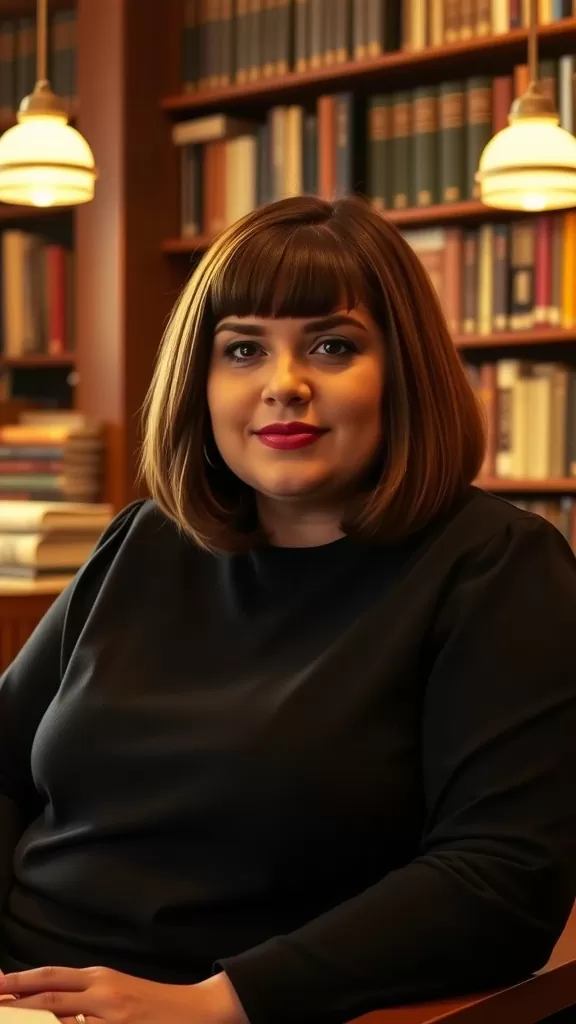 A woman with a rounded bob and micro bangs, sitting in a library setting.