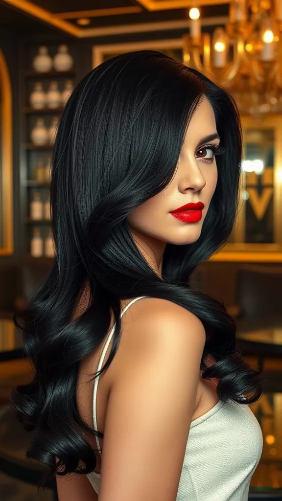 A woman with long black hair styled in elegant S-shaped finger waves, looking sophisticated.