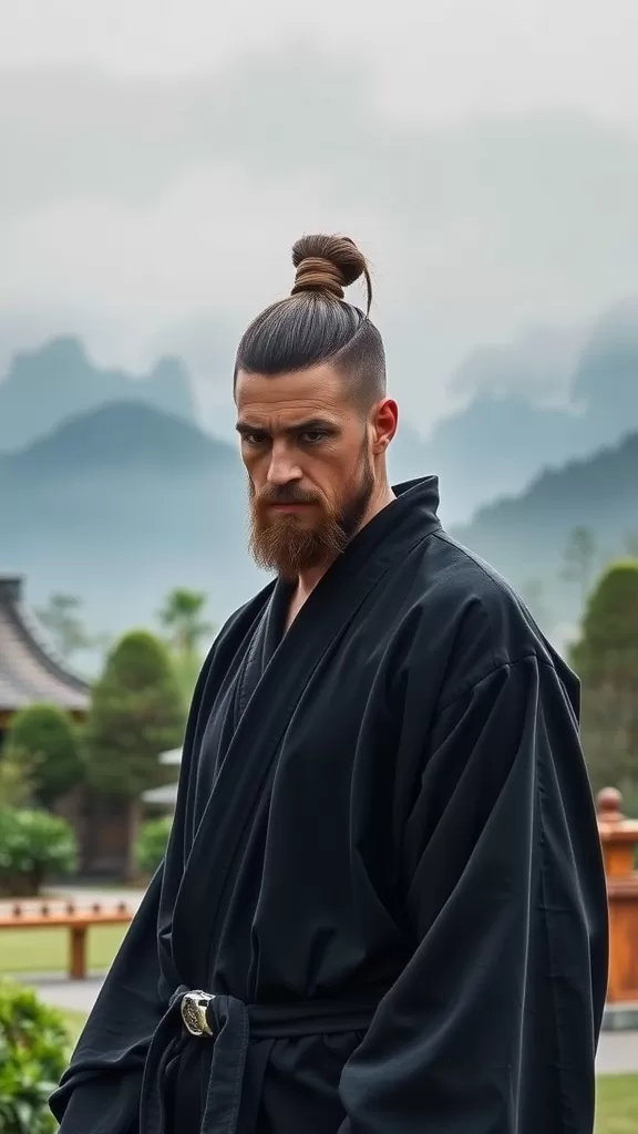 Man with a samurai top knot hairstyle, dressed in traditional black kimono, posing against a misty mountainous background.