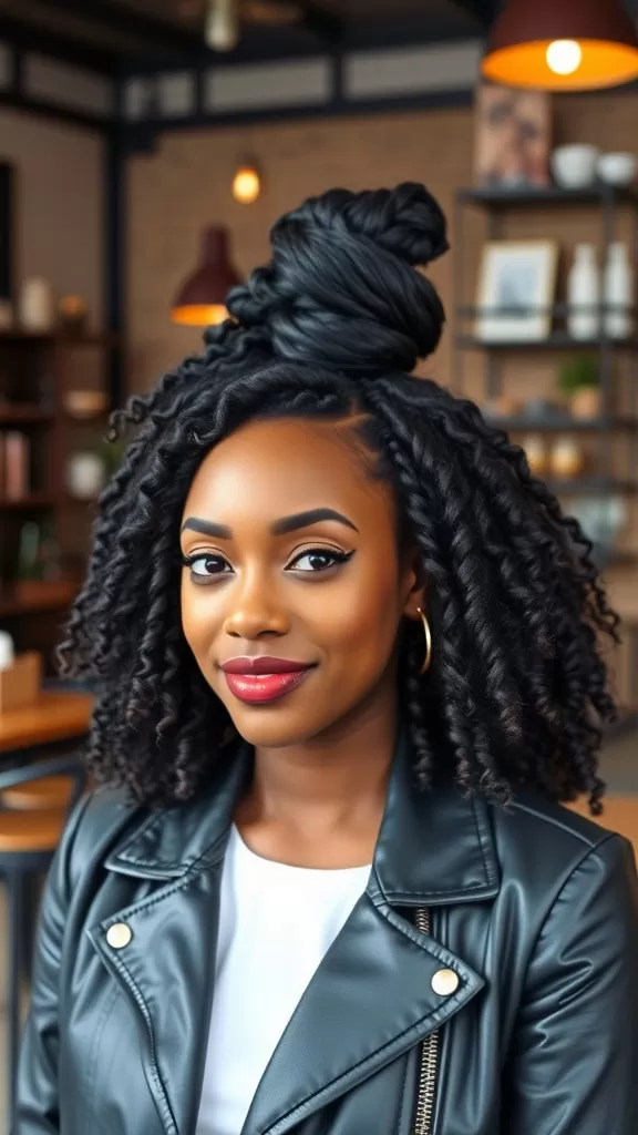 A woman with a sculpted top knot and loose curls, wearing a black leather jacket, in a cozy indoor setting.