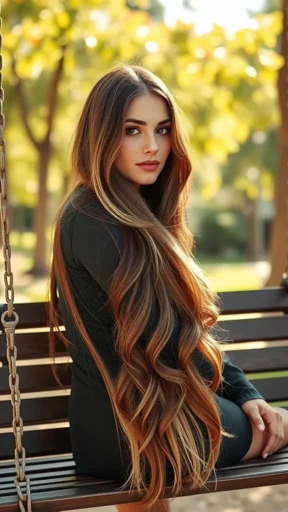 A woman with long hair styled in shag with blended ombre layers, displaying warm tones and soft waves.