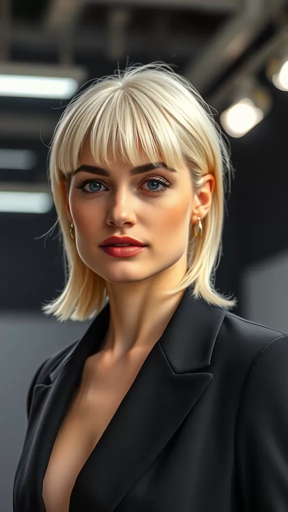 A woman with medium-length shag hairstyle and blunt bangs, wearing a sleek black outfit.