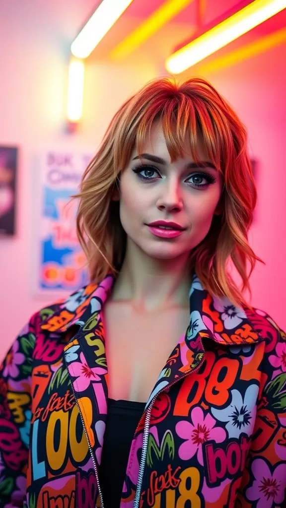 A woman with shaggy, crimped layers hairstyle, wearing a colorful jacket against a bright background.