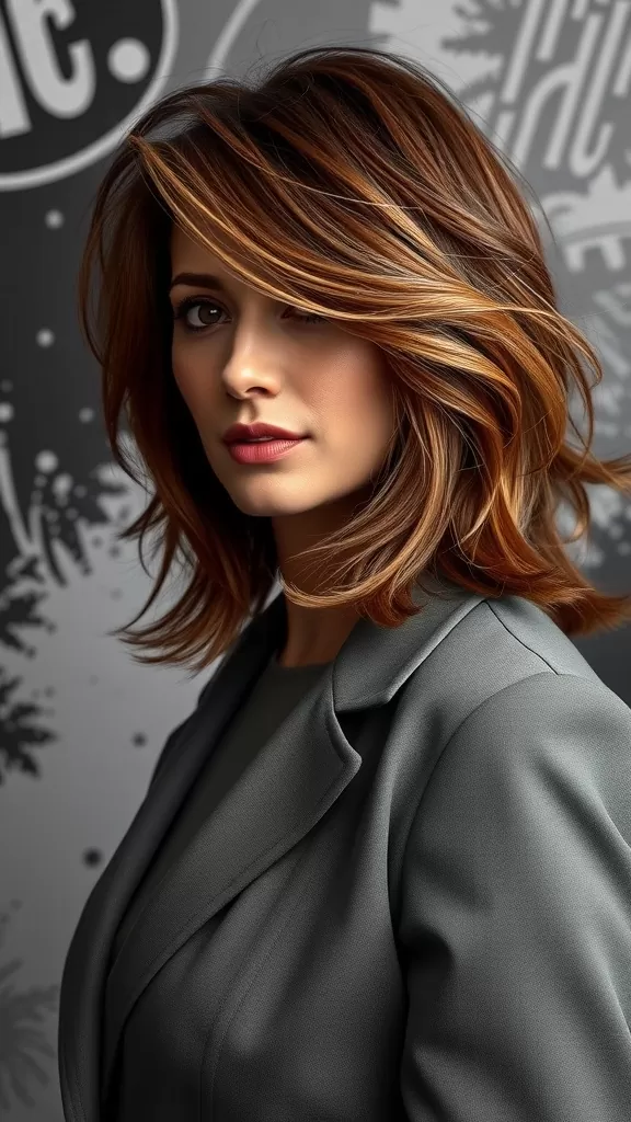 A woman with medium shag hairstyle featuring a deep side part, showcasing layered, wavy hair with warm tones.