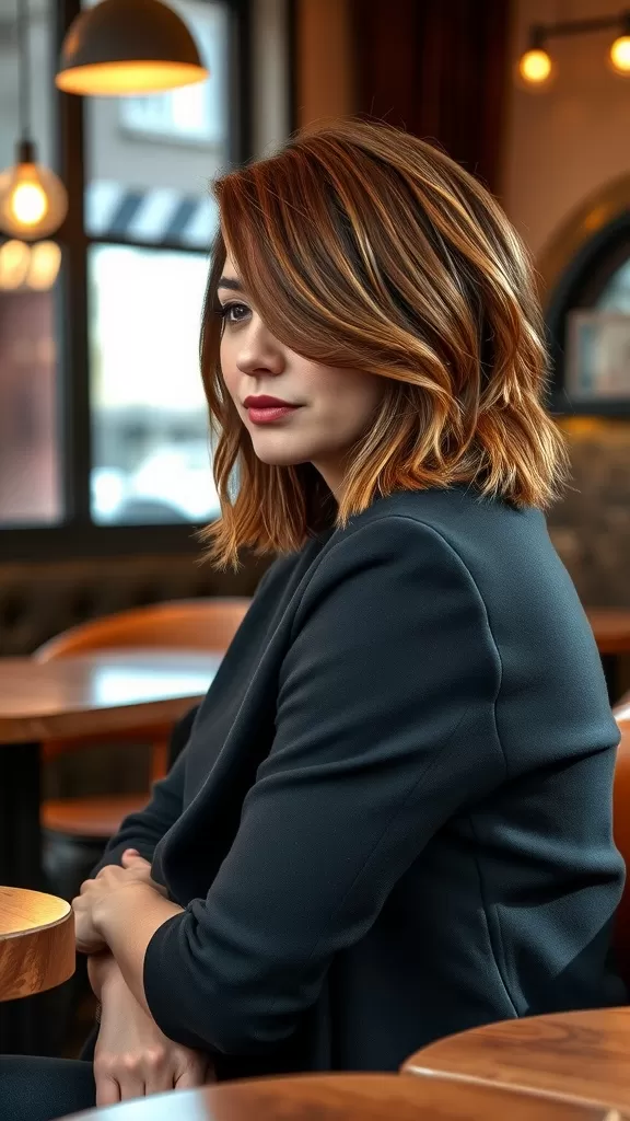 A woman with shaggy hair and face-framing highlights sitting in a café.