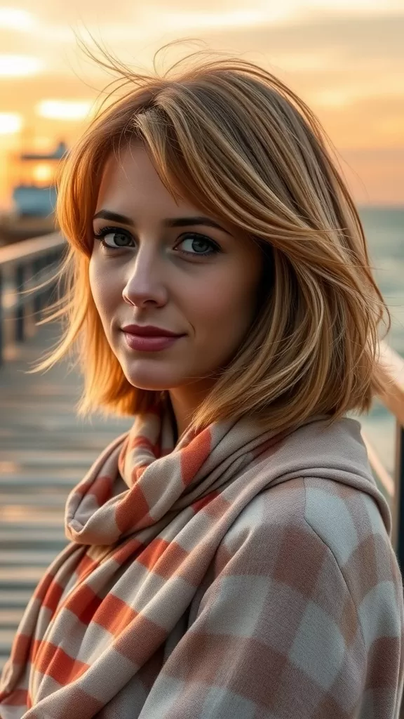 A woman with medium-length shaggy hair and feathered bangs, wearing a checkered scarf, with a sunset in the background.