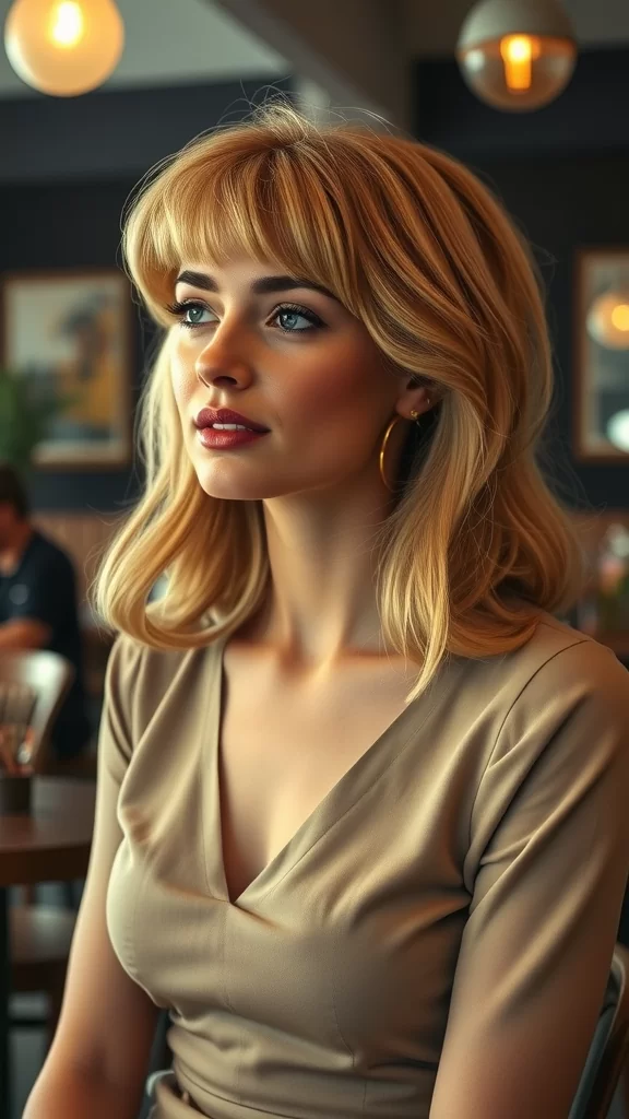 A woman with medium shag hairstyle, featuring flipped ends, wearing a beige dress and sunglasses.