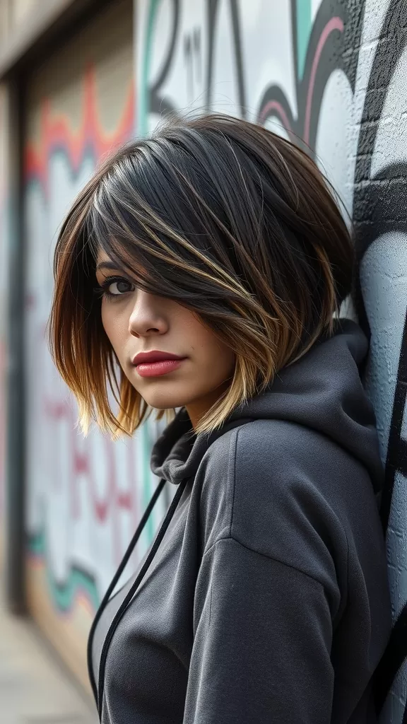 A woman with medium shaggy hair featuring frosted tips, standing against a colorful graffiti wall.