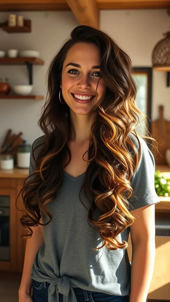 A woman with long, highlighted shag haircut and loose curls, smiling in a cozy kitchen.