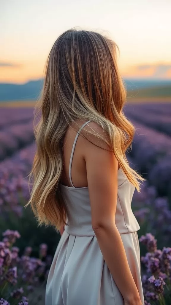 A woman with long shag haircut, featuring light, cascading layers, standing in a field of lavender during sunset.