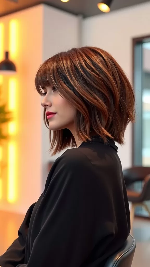 A woman with a shag haircut featuring long, chunky layers and soft bangs.