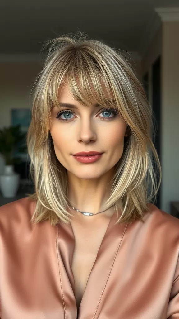 A woman with medium-length shaggy hair and long curtain bangs, wearing a satin robe.