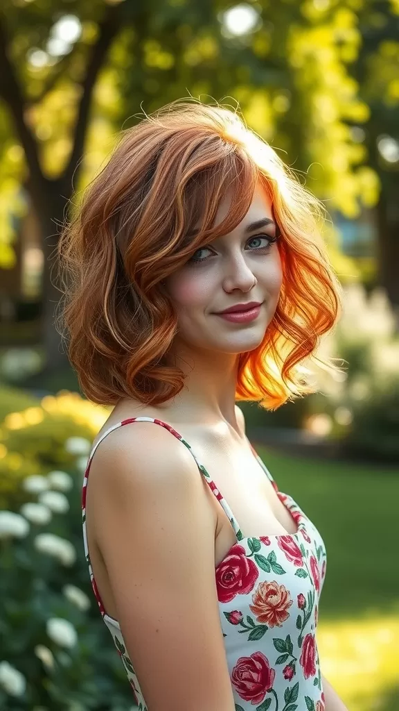 Woman with medium shag hairstyle and loose curls in a floral dress, outdoors