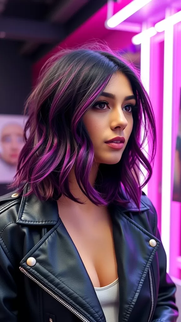 A woman with a shag hairstyle featuring dark hair and vibrant purple peekaboo highlights, wearing a black leather jacket.