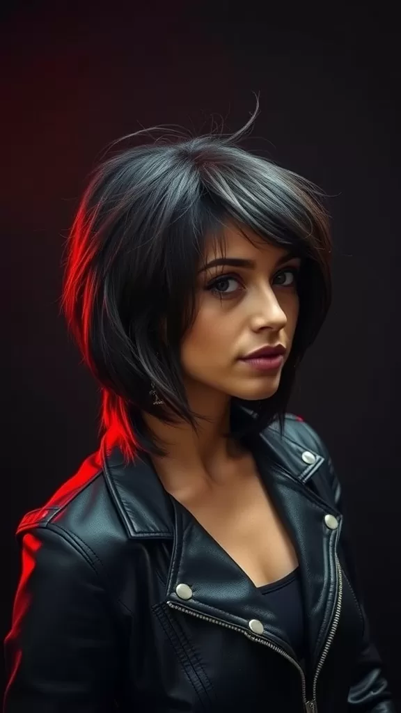 A woman with medium shaggy hair, featuring layers and shaggy ends, wearing a leather jacket against a dark background.