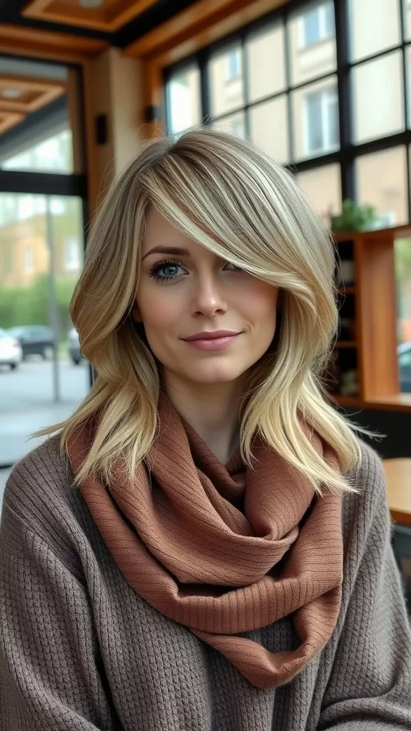 A woman with medium shag hairstyle and side-swept fringe, looking stylish in a cafe.