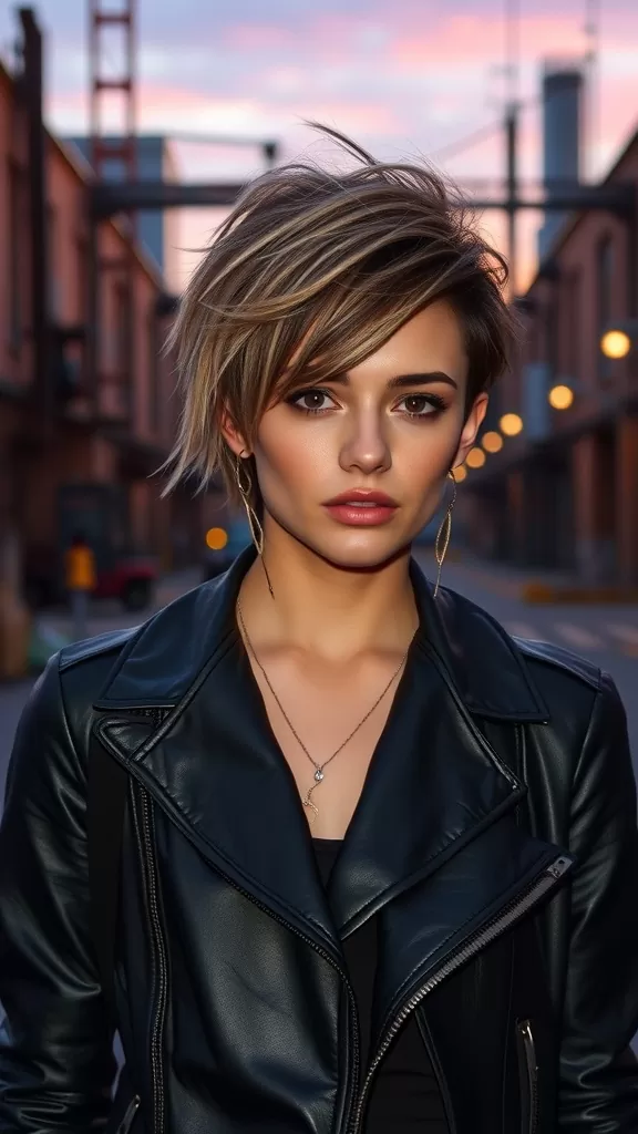 A young woman with medium shag hairstyle featuring sliced layers, wearing a black leather jacket and standing in an urban setting.