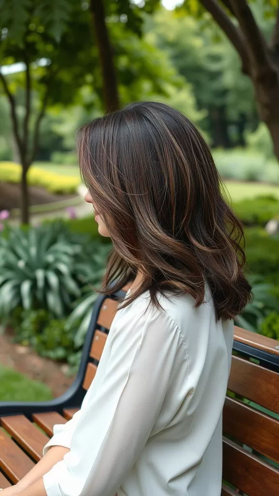 A woman with soft, loose layers of shag haircut sitting on a bench in a park.