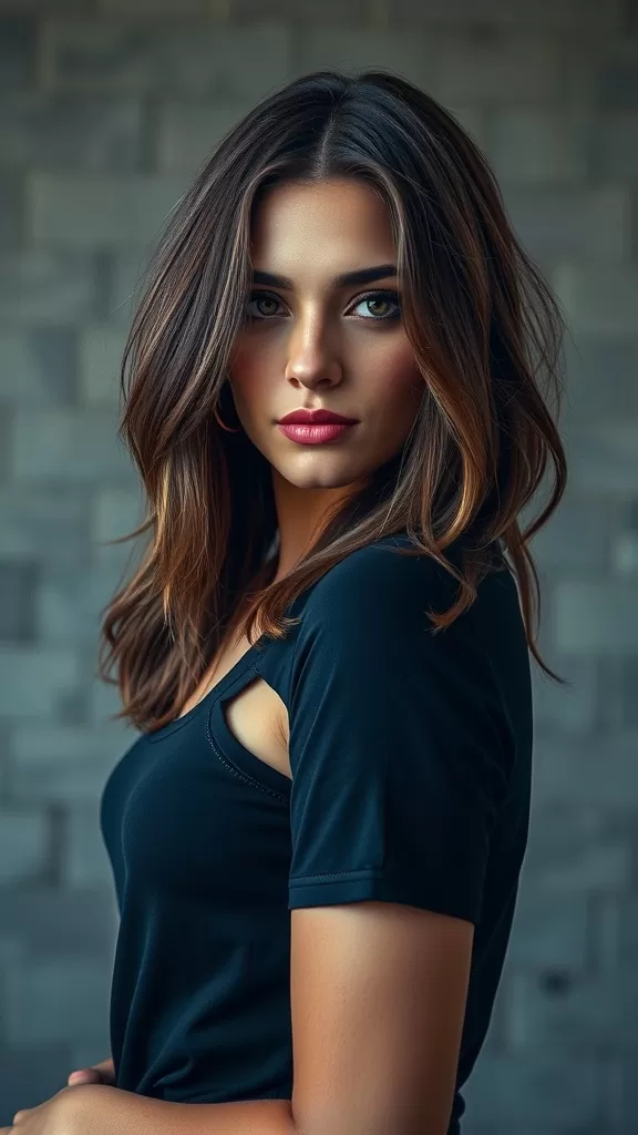 A woman with long shag haircut featuring a subtle undercut, showcasing soft waves and a stylish look.