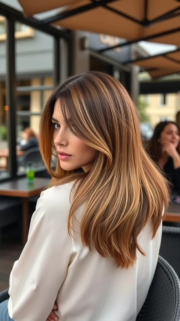 A woman with long, shaggy hair featuring tapered ends, showcasing layers and subtle highlights.