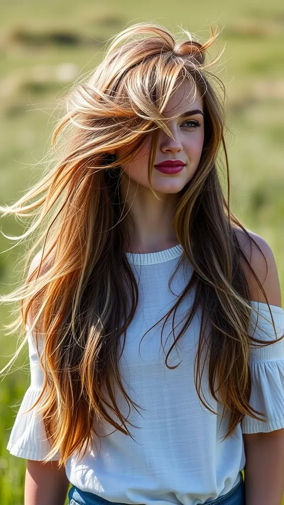 A woman with long, shaggy hair styled with tousled layers and highlights, standing in a grassy field.
